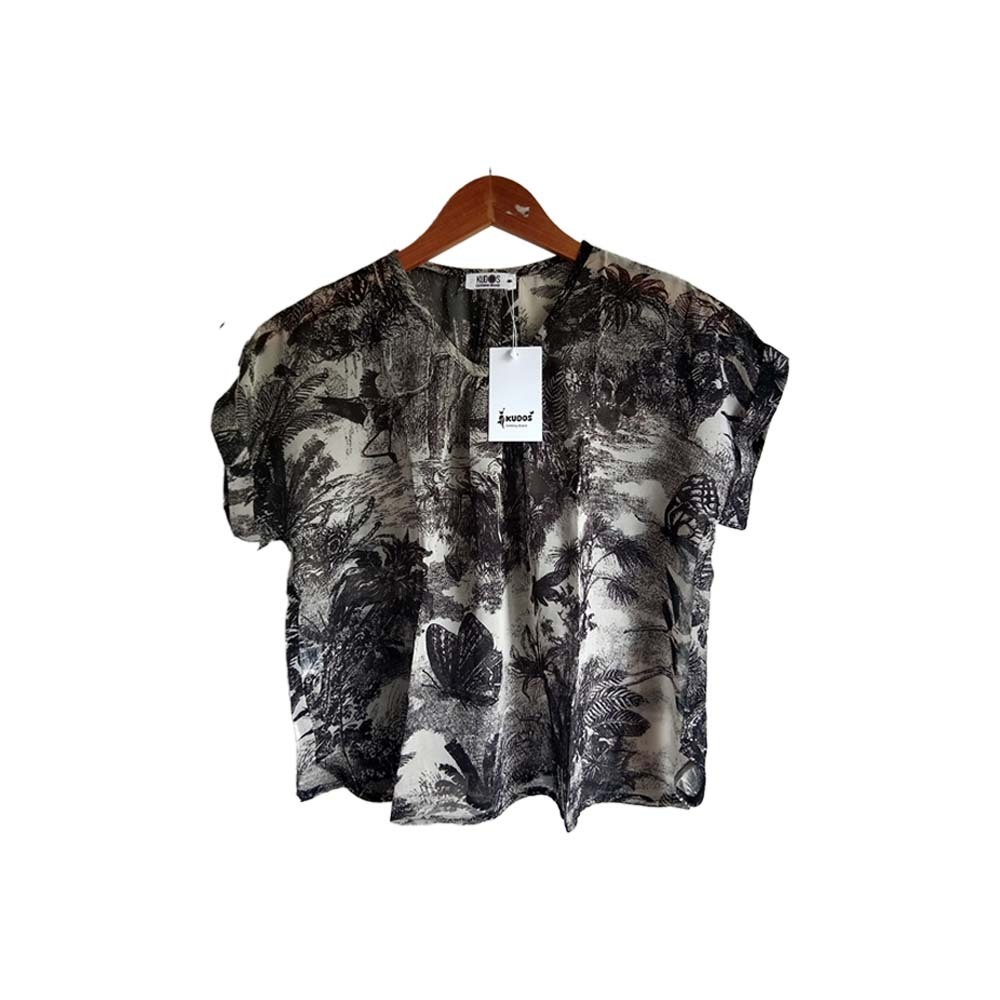 Kudos Floral Chiffon Woman Blouse Black B-007 Small