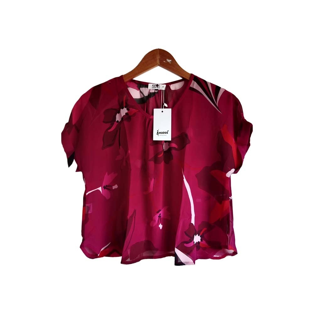 Kudos Floral Chiffon Woman Blouse Magenta Pink B-007 Large