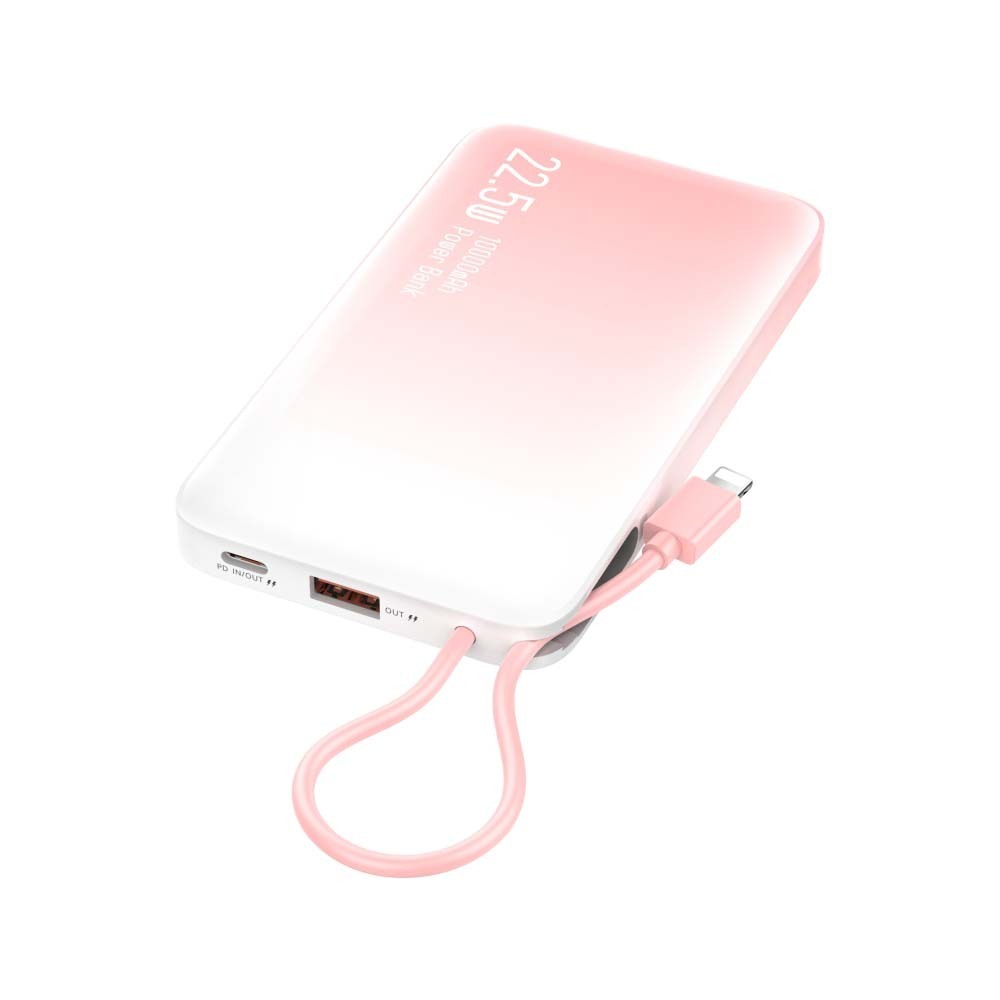 Konfulon A36Q (10000mAh Fast Charging 22.5W Built-in Cable Power Bank) + Lightning Cable Pink